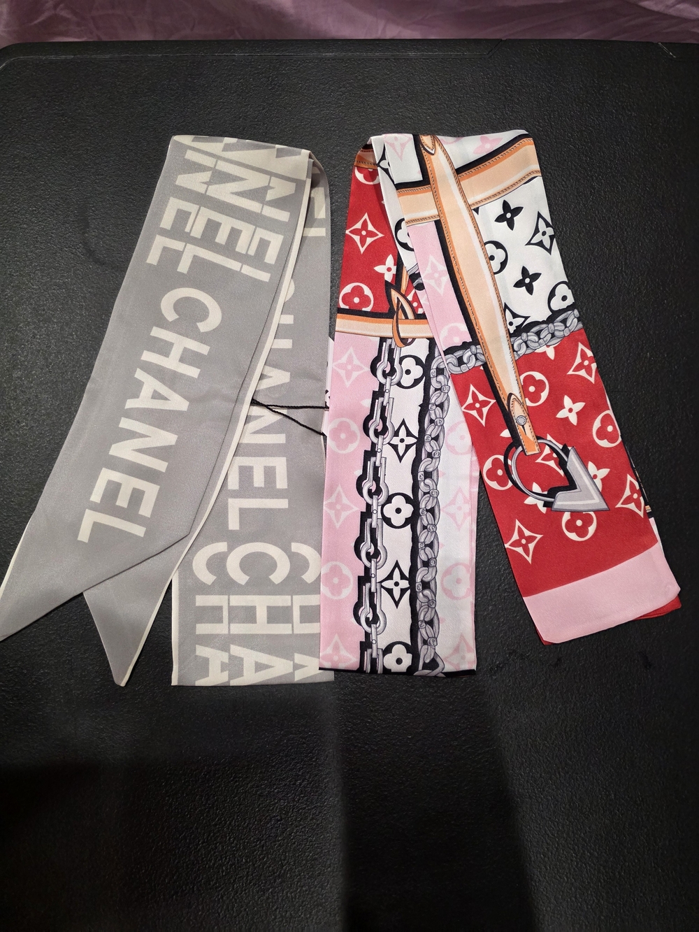 Designer Inspired Pink & Gray Logo Silk Twilly Scarf Set Of 2